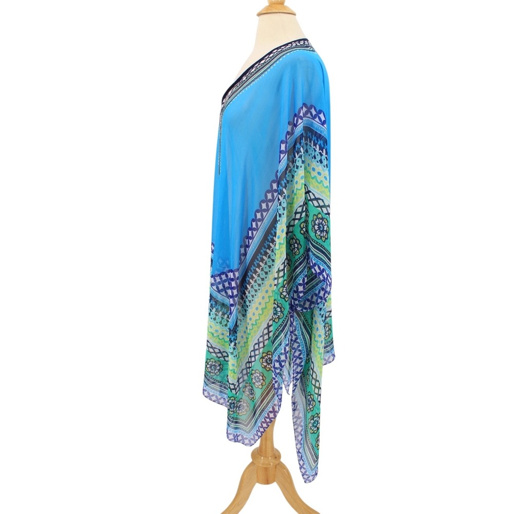 Catherines Kaftan Tunic one size Sheer Blue V-Neck Flutter Sleeve Cover Up NWT - Picture 3 of 10